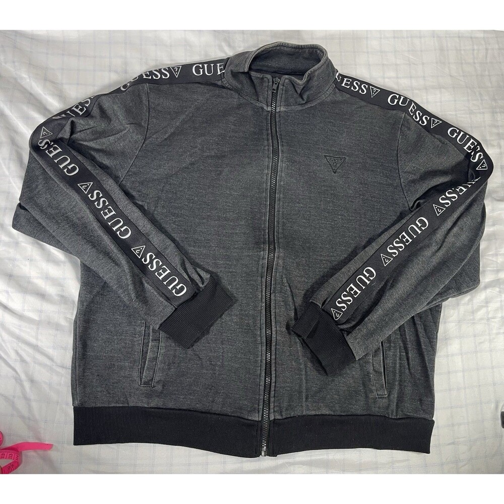GUESS Los Angeles Men's Track Jacket Size L Gray Tape Logo Full Zip Sweatshirt